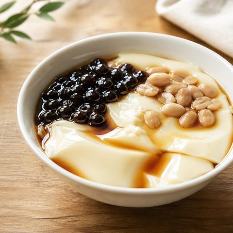 黒糖シロップとタピオカ、ピーナッツをのせた豆花