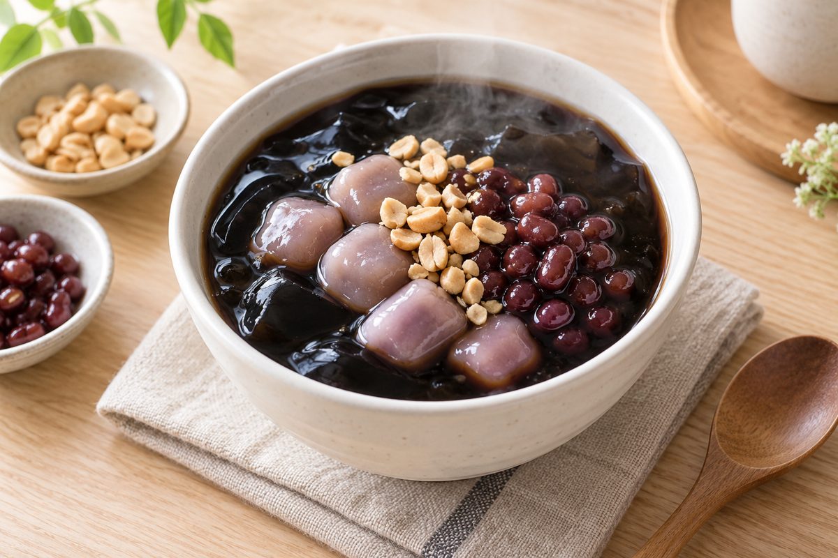 器に注いだ温かい燒仙草に芋圓とピーナッツと小豆をのせたもの