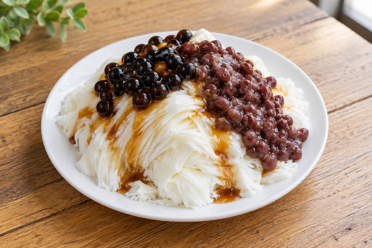 白いミルク味の削り氷に黒糖タピオカとゆで小豆をのせ、黒糖シロップをかけた一皿
