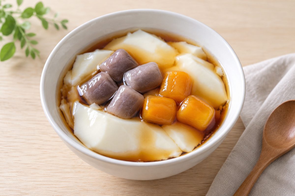 紫がかった芋圓と橙色の地瓜圓を豆花にのせた一杯