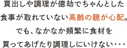 買出しや調理が億劫でちゃんとした食事が取れていない高齢の親が心配。でも、なかなか頻繁に食材を買ってあげたり調理しにいけない・・・