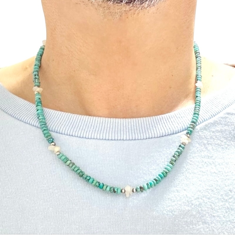657 ナバホパールとホワイトハーツ　天然ターコイズのネックレス　14kビーズ ナバホパール&ターコイズ&ホワイトシェルビーズネックレス 約