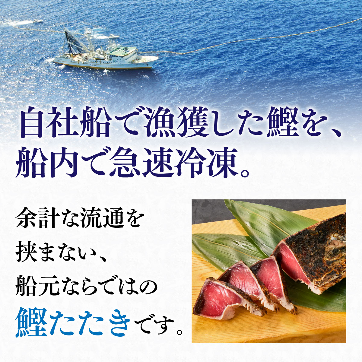大海原を航行する自社所有の巻き網漁船（かつお漁の様子）