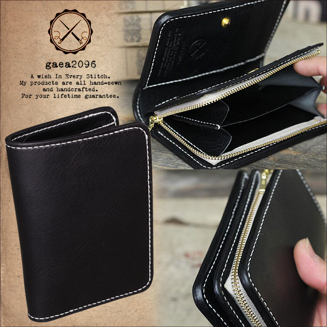 NEW YORK ブラックレザー ミドル財布 手縫い ミドルウォレット M.P.G.
