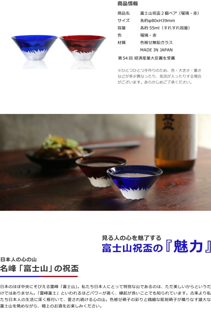 彫刻硝子 富士山祝盃瑠璃色・赤色ペアセットの商品情報