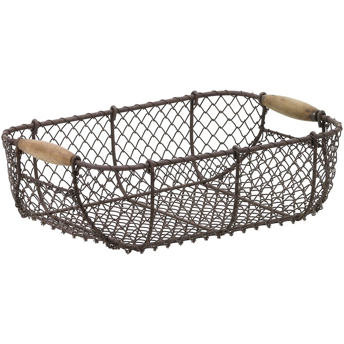 古雑貨 ◾️シャビーな風合い 木製ウッドハンドル ワイヤーメッシュバスケット