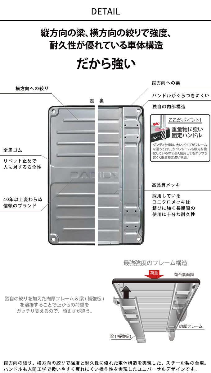 折畳み式 片ハンドル台車 スチール 静音 300kgタイプ 運搬軽量