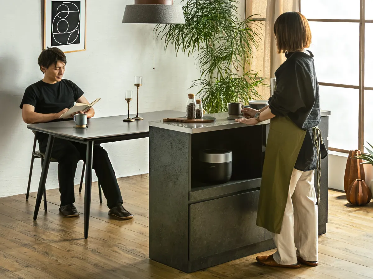 キッチンカウンター 食器棚 ロータイプ 幅110cm 幅120cm 幅130cm 高さ88.8cm ステンレス天板 引き出し 可動棚 間仕切り 完成品 モルタル風 大理石柄 ダークグレー