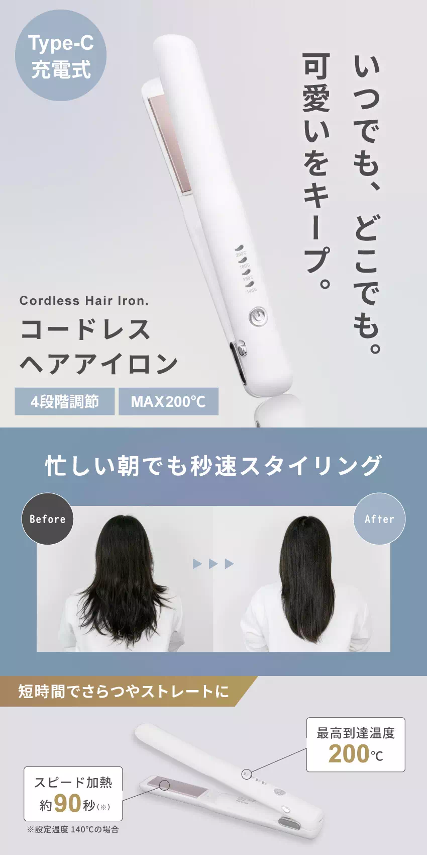 Pure Luxe コードレスヘアアイロン PU-WHIAA-W USB充電式 ホワイト