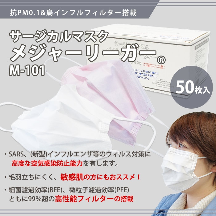 サージカルマスク メジャーリーガー M 101 ホワイト ピンク 50枚入り 使い捨てマスク 風邪予防 Pm2 5 黄砂 ウイルス 花粉 ハウスダスト すべての商品 あんしんの殿堂 防災館 本店