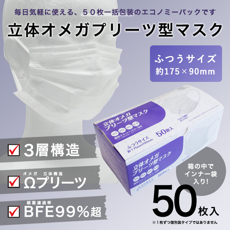 立体オメガプリーツ型マスク ふつうサイズ175×90mm 大人用 50枚入