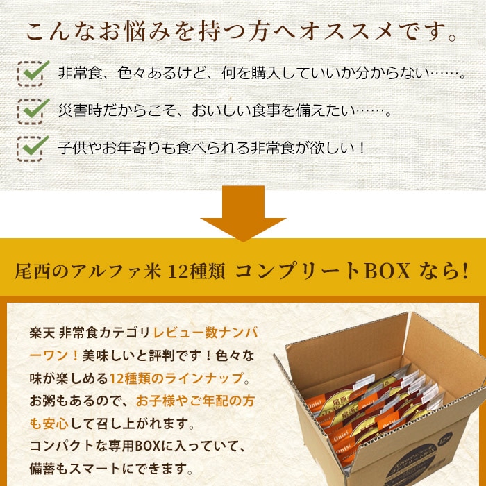 非常食セット アルファ米12食セット 尾西食品のアルファ米12種 コンプリートBOX【送料無料】 アルファー米 ご飯 保存食 |  防災グッズ・非常食のWEBショップ あんしんの殿堂 防災館