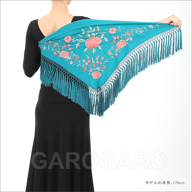 フラメンコ | 刺繍のショール ピンク系の花の刺繍 生地とフレコ：青緑