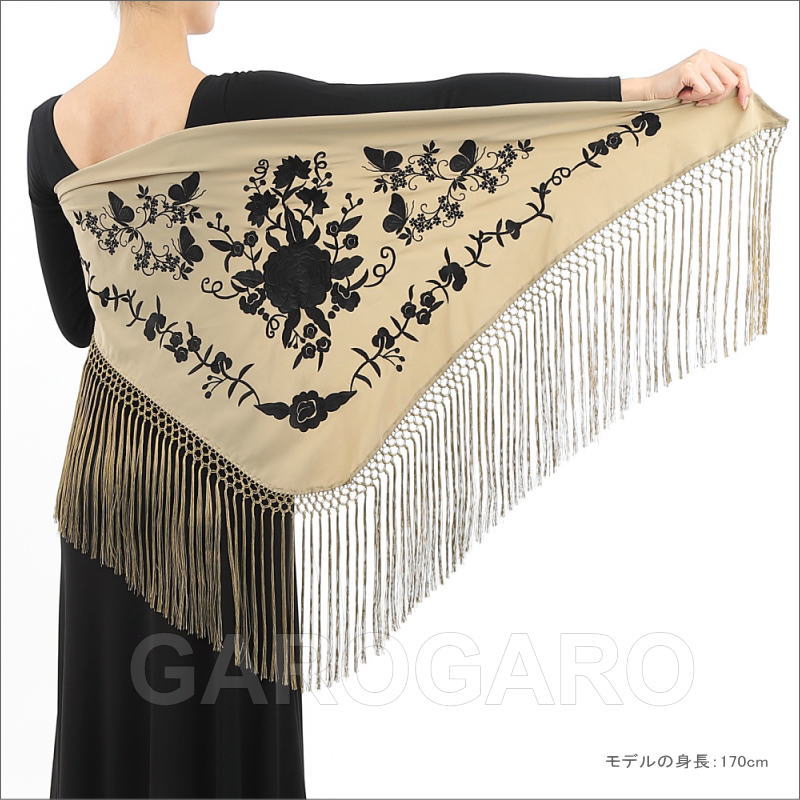 フラメンコ 刺繍シージョ ロングフレコ ブラックxオフホワイト刺繍 フラメンコ | 刺繍のショール Mariposa(マリポーサ) 生地と