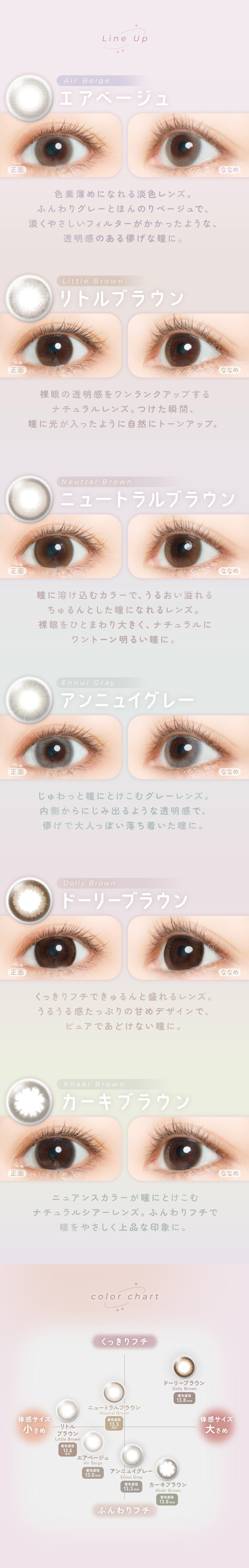�ե����꡼���ǡ��˥塼�ȥ�륷�꡼�� FAIRY 1day NEUTRAL SERIES:��Line Up Air Beige�ʥ����١�����˿�������ˤʤ��ø����󥺡��դ��ꥰ�졼�Ȥۤ�Τ�١�����ǡ������䤵�����ե��륿���������ä��褦�ʡ�Ʃ�����Τ���ѳ����Ʒ�ˡ���Little Brown�ʥ�ȥ�֥饦�������Ʃ�����򥰥�ȥ��åפ���ʥ������󥺡��Ĥ����ִ֡�Ʒ�˸������ä��褦�˼����˥ȡ��󥢥åס���Neutral Brown�ʥ˥塼�ȥ��֥饦���Ʒ���Ϥ����५�顼�ǡ����굤�ʤ�ͥ�������դ��Ʒ�ˤʤ���󥺡�����ҤȤޤ���礭�����ʥ�����˥��ȡ������뤤Ʒ�ˡ���Ennui Gray�ʥ���˥奤���졼�ˤ����ä�Ʒ�ˤȤ����॰�졼��󥺡���¦����ˤ��߽Ф�褦��Ʃ�����ǡ�ѳ������ͤäݤ�����夤��Ʒ�ˡ���Dolly Brown�ʥɡ��꡼�֥饦��ˤ��ä���ե��Ǥ������������󥺡����뤦�봶���äפ�δŤ�ǥ�����ǡ��ԥ奢�Ǥ��ɤ��ʤ�Ʒ�ˡ���Khaki Brown�ʥ������֥饦��˥˥奢�󥹥��顼��Ʒ�ˤȤ�����ʥ����륷������󥺡��դ���ե���Ʒ��䤵�������ʤʰ��ݤˡ�
��Color Chart��������ǥ�����ǹ��ߤΥ��饳������Ӥ䤹����ӡ����δ������� ������ ��ȥ�֥饦�� �����١����� �δ������� �礭�� �ɡ��꡼�֥饦�� ���ä���ե� �ɡ��꡼�֥饦�� �դ���ե� �����١����� �˥塼�ȥ��֥饦�� ����˥奤���졼 �������֥饦��