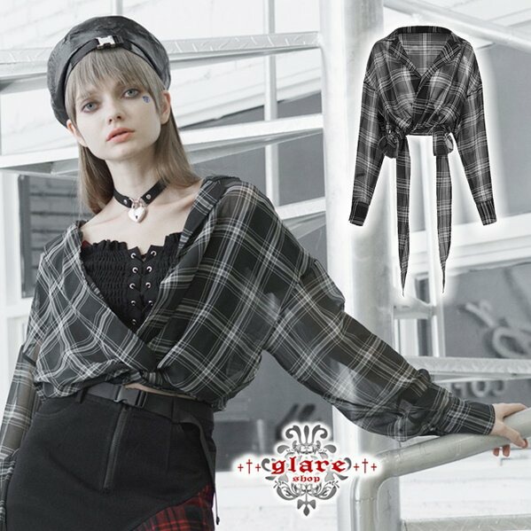 Glareshop グレアショップ 公式ストア Glareshop グレアショップ M 2xl Jx729 B ゴシック シースルー チェック柄 シフォン ブラウス カーディガン カジュアル 黒 レディース ゴスロリ ゴシック パンク ロック ファッション スチームパンク ヴィジュアル系 V