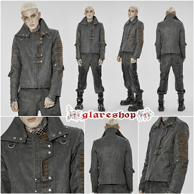 glareshop グレアショップ 【公式ストア】 |glareshop グレアショップ「M.S-M.5XL」JX823□スチームパンク 異素材 レザー  長袖 ジャケット グレー×ブラウン メンズ | ゴシック パンク ロックファッション ヴィジュアル系 V系 モード系 コスプレ ステージ 衣装 服 [ PUNK ...