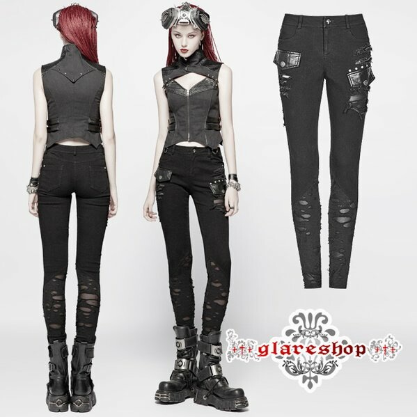 Glareshop グレアショップ 公式ストア セール Glareshop グレアショップ Xs 4xl Px261 ゴスロリ モード系 パンク ダメージ破れ スキニー パンツ 黒 レディース ゴスロリ ゴシック パンク ロック ファッション スチームパンク ヴィジュアル系 V系 モード
