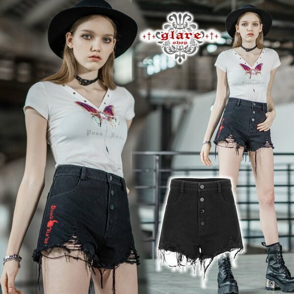 Glareshop グレアショップ 公式ストア ゴスロリ Glareshop グレアショップ Xs 4xl Px511 ゴスロリ 刺繍 ローウエスト ショート パンツ 黒 レディース ゴスロリ ゴシック パンク ロック ファッション スチームパンク ヴィジュアル系 V系 モード系 コスプレ