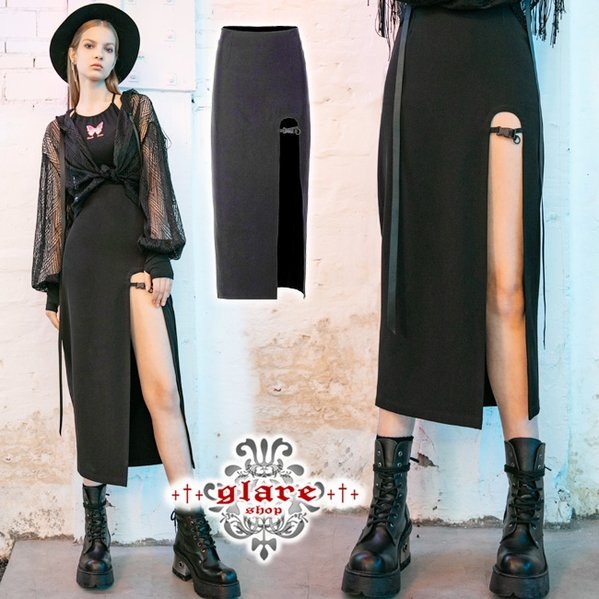 Glareshop グレアショップ 公式ストア ゴスロリ Glareshop グレアショップ Xs 4xl Sx380 モード系 ハイウエスト スリット ロング スカート 黒 レディース ゴスロリ ゴシック パンク ロック ファッション スチームパンク ヴィジュアル系 V系 モード系