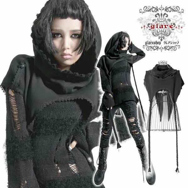 Glareshop グレアショップ 公式ストア Glareshop グレアショップ F Tx168 ゴスロリ ゴシック パンク フード付き ニットポンチョ ケープ ライトアウター 黒 レディース ゴスロリ ゴシック パンク ロック ファッション スチームパンク ヴィジュアル系 V系