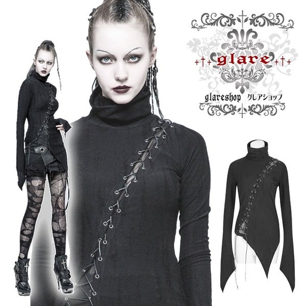 Glareshop グレアショップ 公式ストア セール Glareshop グレアショップ S L 2xl Tx501 ゴスロリ アシンメトリー シルエット編上げ ハイネックトップス 黒 レディース ゴスロリ ゴシック パンク ロック ファッション スチームパンク ヴィジュアル系 V系