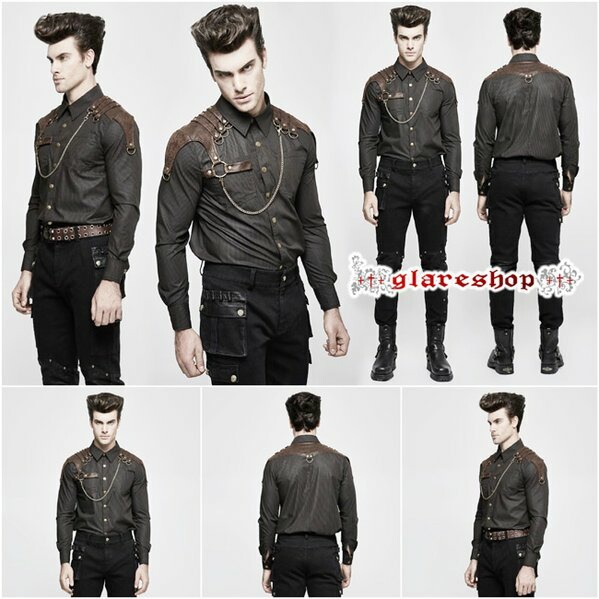Glareshop グレアショップ 公式ストア ゴスロリ Glareshop グレアショップ M S M 5xl Tx5 C スチームパンク 軍服 ストラップ柄 シャツ ブラウン メンズ ゴスロリ ゴシック パンク ロック ファッション スチームパンク ヴィジュアル系 V系 モード系