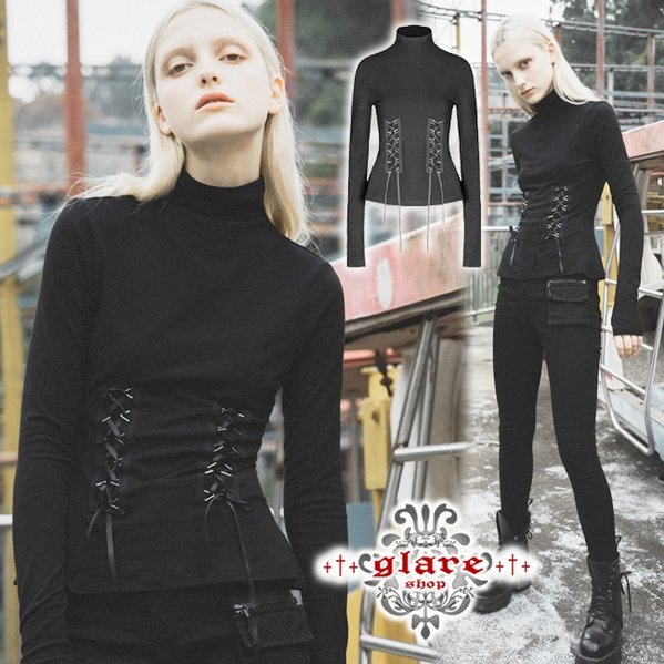 Glareshop グレアショップ 公式ストア ゴスロリ Glareshop グレアショップ S L 2xl Tx841 ゴスロリ 編み上げ 長袖 トップス カットソー Tシャツ 黒 レディース ゴスロリ ゴシック パンク ロック ファッション スチームパンク ヴィジュアル系 V系 モード系