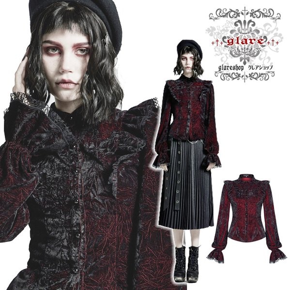 Glareshop グレアショップ 公式ストア Glareshop グレアショップ Xs 4xl Tx945 R ゴスロリ ゴージャス ベルベットレース フリル シャツ ブラウス 赤 黒 レディース ゴスロリ ゴシック パンク ロック ファッション スチームパンク ヴィジュアル系 V系 モード系