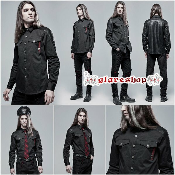 Glareshop グレアショップ 公式ストア Glareshop グレアショップ M S M 5xl Tx962 ゴスロリ ゴシック パンク リボン装飾ポケット スカルボタン 異素材 長袖 シャツ 黒 メンズ ゴスロリ ゴシック パンク ロック ファッション スチームパンク ヴィジュアル系