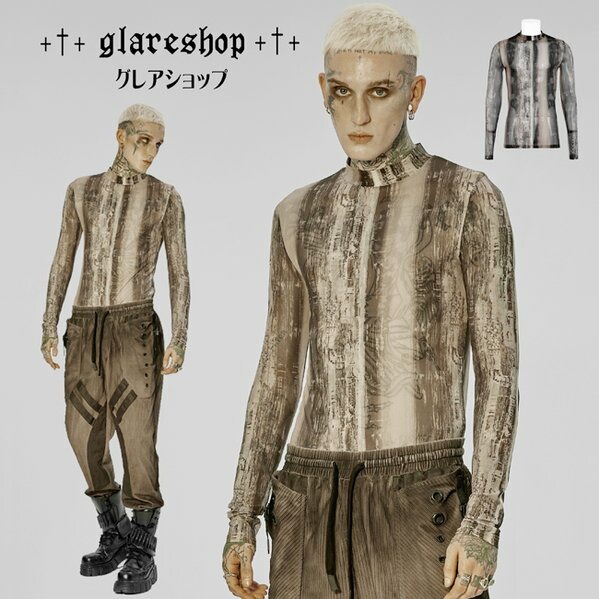 Glareshop グレアショップ 公式ストア Glareshop グレアショップ M S M 5xl Txa048 Y ゴシック パンク プリント シースルー Tシャツ カットソー ベージュ メンズ ゴスロリ ゴシック パンク ロック ファッション スチームパンク ヴィジュアル系 V系 モード系