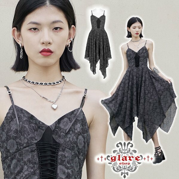 Glareshop グレアショップ 公式ストア ゴスロリ Glareshop グレアショップ Xs 4xl Wx608 ゴスロリ モード系 シフォン アシンメトリー キャミワンピース 黒 レディース ゴスロリ ゴシック パンク ロック ファッション スチームパンク ヴィジュアル系 V系