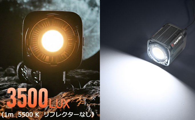 左: 3500LUX (1m 5500K リフレクターなし)/右: JL-100BIで照らしている様子