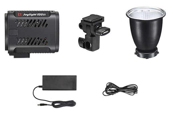 セット内容: 
上段左からLEDライト本体、クイックブラケット、4c 望遠リフレクター、ACアダプター、電源コード