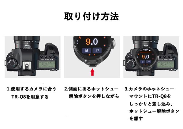 【カメラへの取り付け方法】
①使用するカメラに合うTR-Q8を用意する。
②下側面にあるホットシュー解除ボタンを押しながら、カメラのホットシューマウントにTR-Q8をしっかりと差し込み、ホットシュー解除ボタンを離す。