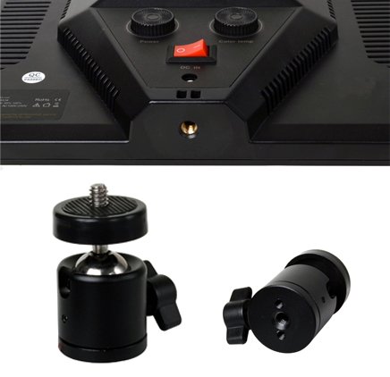 本体底の1/4インチ三脚ネジ穴のアップと付属のボールヘッド