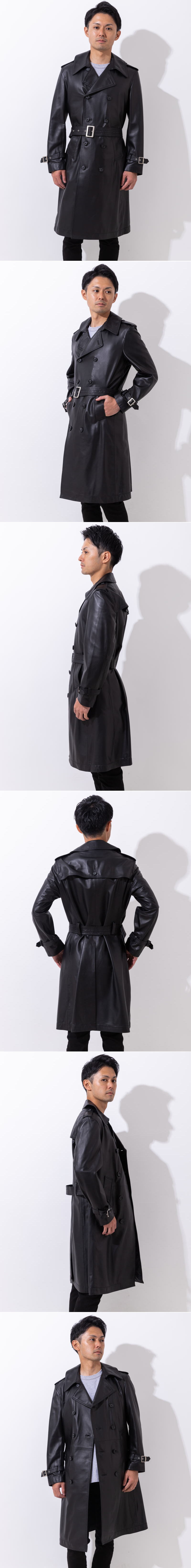 羊革のレザーコート 革マント ダブル 大きめサイズ  袖折り返し革  Fブラック