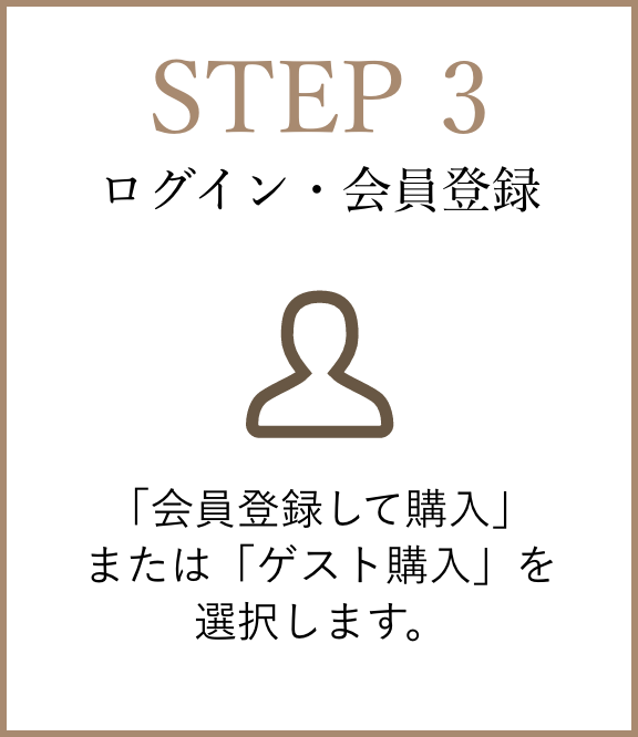 【STEP3】ログイン・会員登録：「会員登録して購入」または「ゲスト購入」を
		選択します。