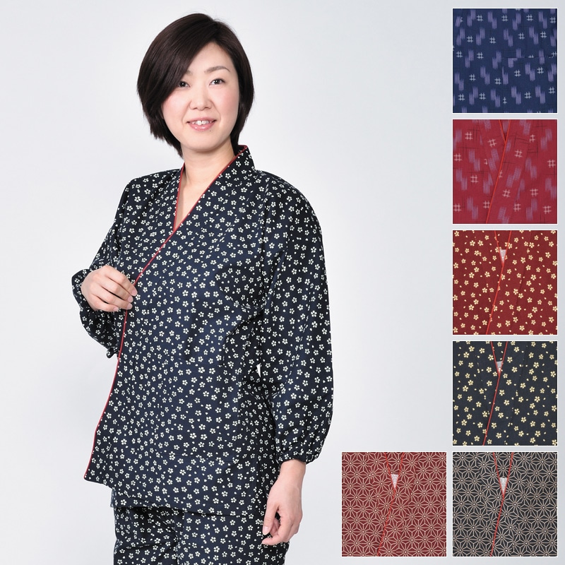 婦人作務衣(桜 赤・桜 紺・井桁絣 ワイン・井桁絣 紺・麻の葉 紺・麻の葉 赤)(M-L)