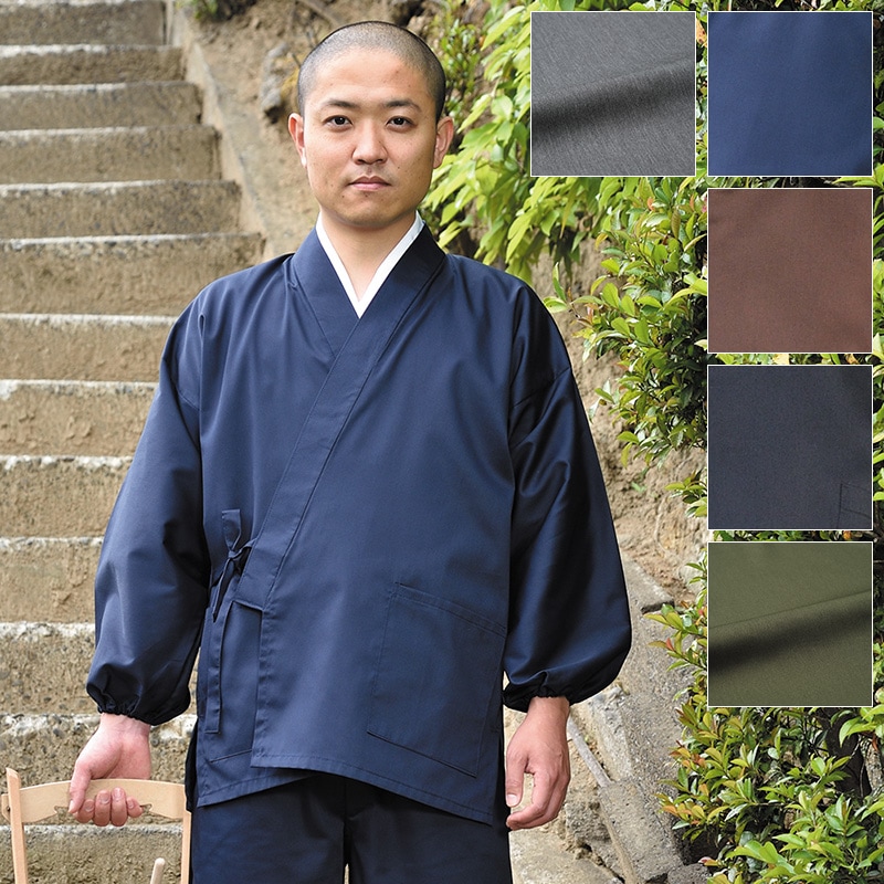 袖・裾ゴム式バーバリー織作務衣(紺・茶・黒・グリーン・グレー)(M-3L)
