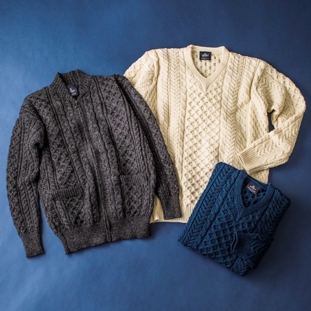 ＜Aran Woollen Mills＞フィッシャーマンVネックセーター＆ジップセーター