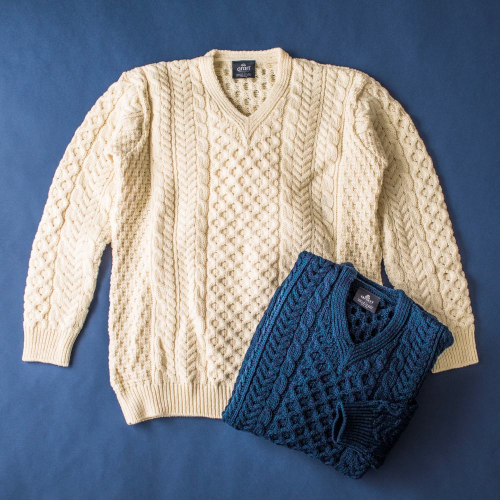 Aran Woollen Mills＞フィッシャーマンVネックセーター＆ジップ