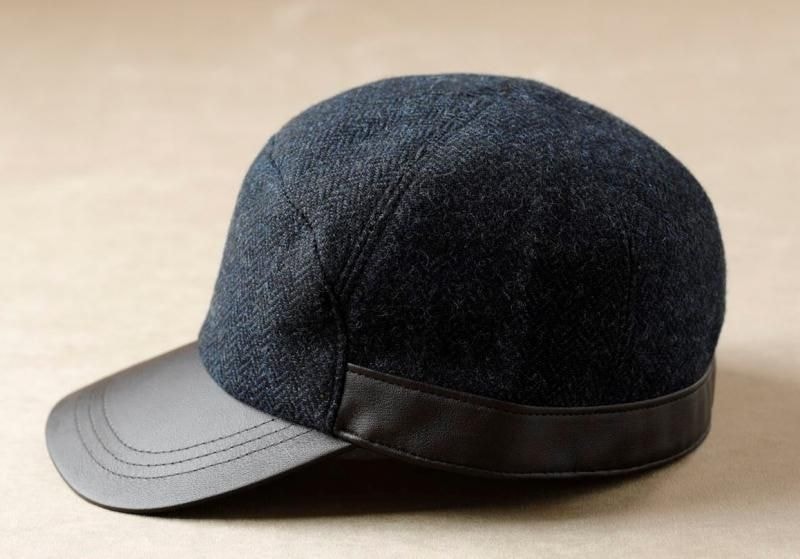 レザー使いヘリンボーン柄 ウールキャップ