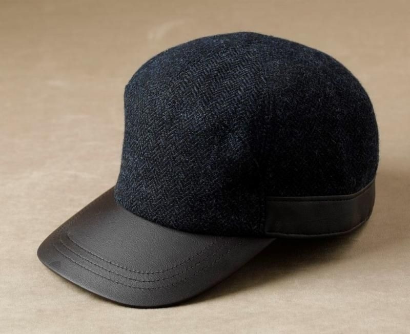 レザー使いヘリンボーン柄 ウールキャップ