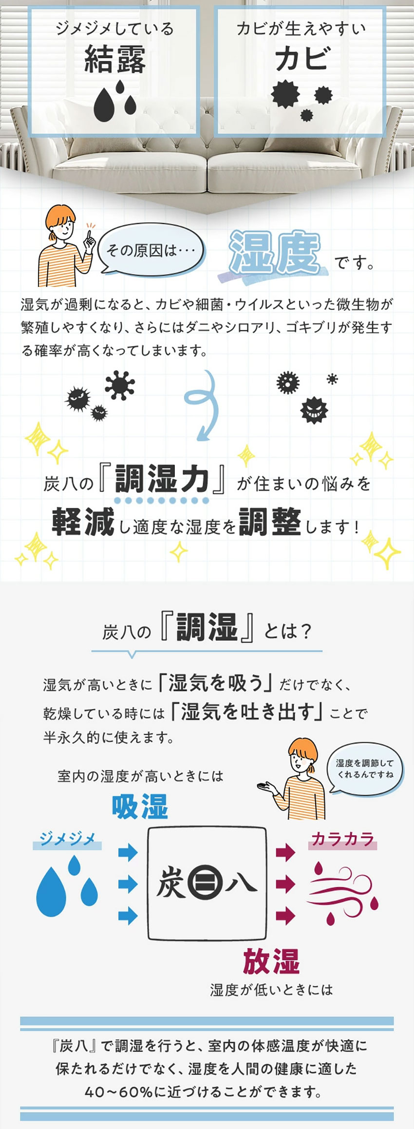 木炭の持つ調湿効果を高めた炭八。買い替え不要で半永久的に効果が持続。使い捨ての除湿剤のようにゴミがでなくて環境にも優しく経済的です。