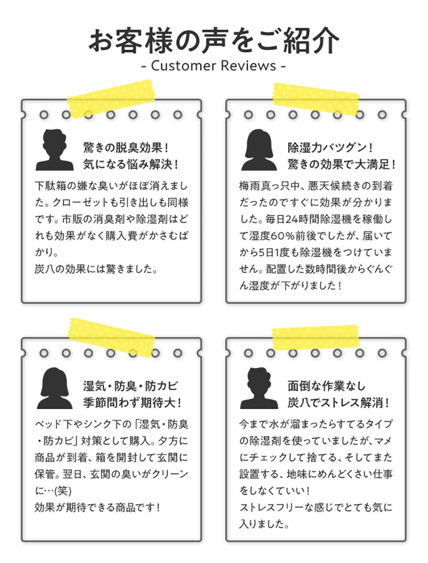 調湿だけじゃない！炭八の持つ5つの機能。吸着力。断熱力。防音力。半永久。調湿力。空気を清浄化する防臭効果も。高い蓄熱断熱能力をもつ。制振機能で階下に伝わる音を軽減する。炭八は呼吸を続ける調湿木炭。半永久的に性能を維持。