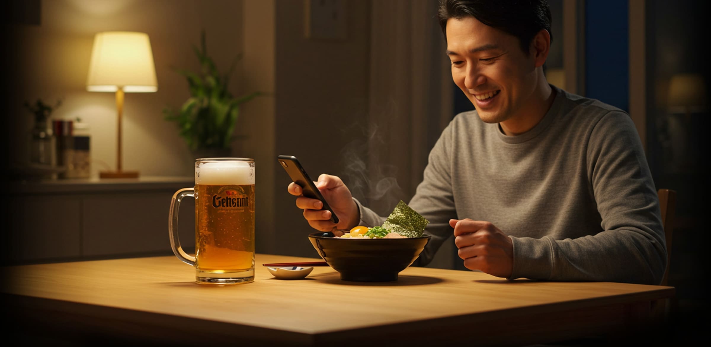 自宅でラーメンを楽しむ男性