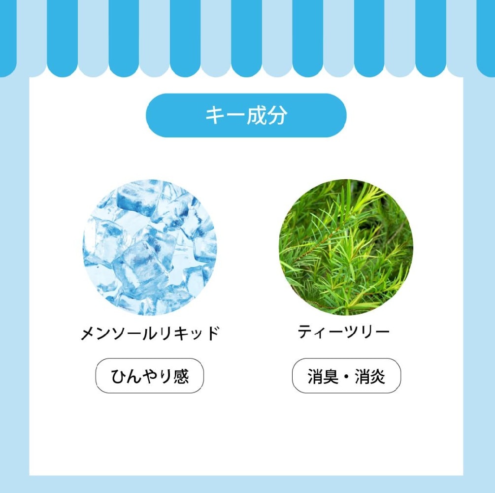キー成分。メンソールリキッド：ひんやり感。ティーツリー：消臭・消炎