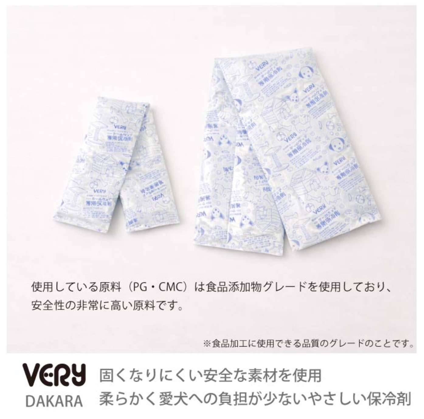 保冷剤の画像。固くなりにくい安全な素材を使用。柔らかく愛犬への負担が少ないやさしい保冷剤