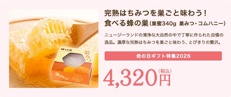 完熟はちみつを巣ごと味わう！食べる蜂の巣　（巣蜜340g　巣みつ・コムハニー）